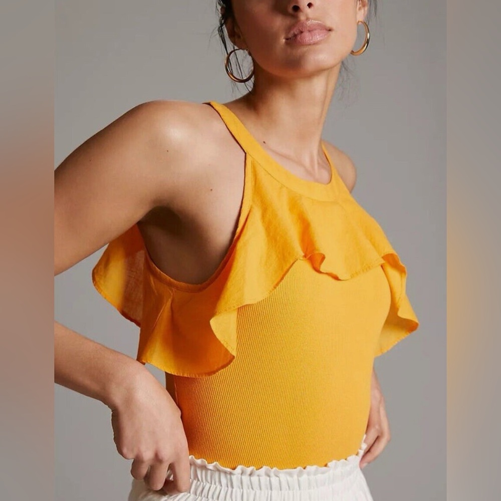 Anthropologie Maeve Ruffled Rib Halter Tank Top Cotton Blend XS Boho Tropical